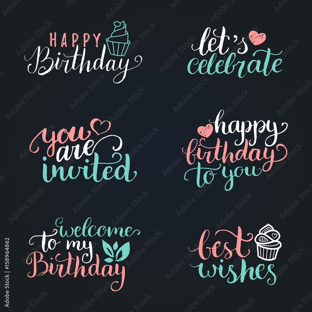 Naklejka Vector Happy Birthday hand lettering collection, Big Party, Best Wishes etc. Calligraphy set for greeting cards etc.