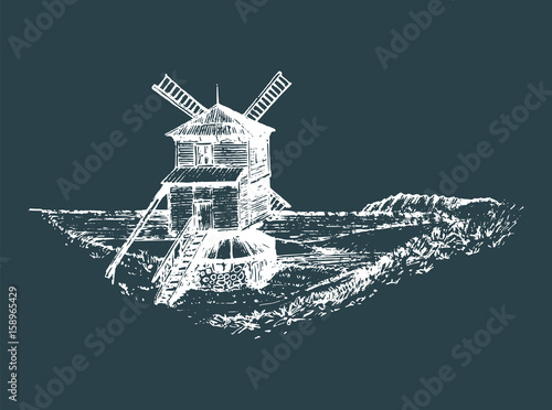 Hand sketch of rustic windmill in fields. Vector rural landscape illustration. Mediterranean countryside poster, card.
