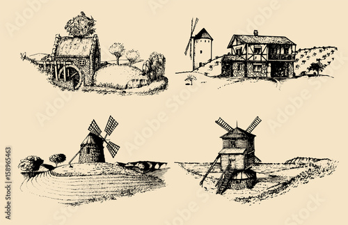 Hand drawn old rustic mills images.Vector rural landscape illustrations set. European countryside sketches for posters.
