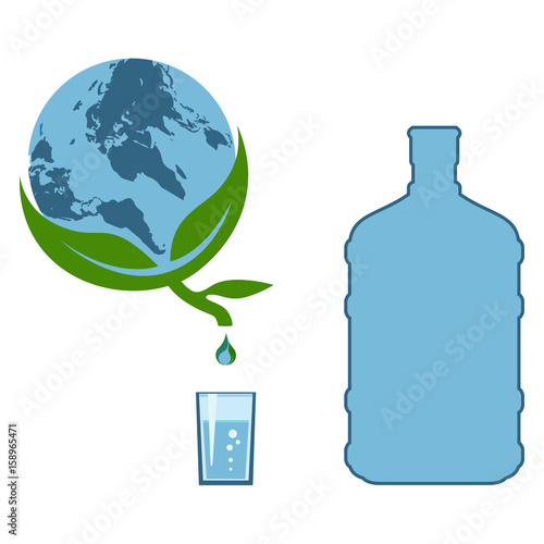 Globe, drop with green leaves, glass and bottle of water, set. Eco, save water concept, delivery water logo. Flat design. Vector illustration on white background.