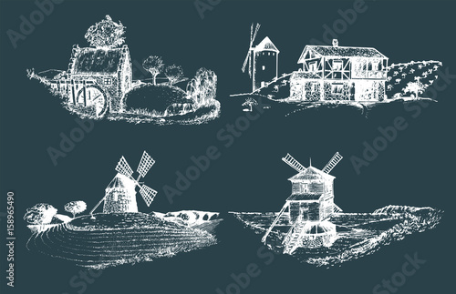 Hand drawn old rustic mills images.Vector rural landscape illustrations set. European countryside sketches for posters.
