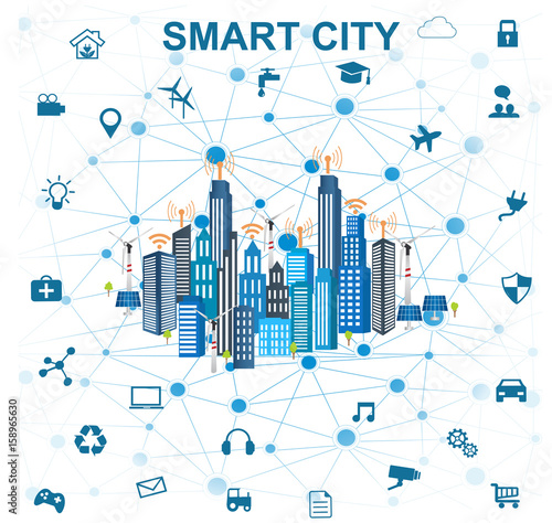 Smart city concept with different icon and elements. Modern city design with future technology for living. Illustration of innovations and Internet of things.Internet of things/Smart city