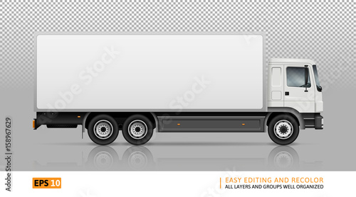 Semi truck template for car branding and advertising. Isolated cargo vehicle on transparent background. All layers and groups well organized for easy editing and recolor. View from right side.