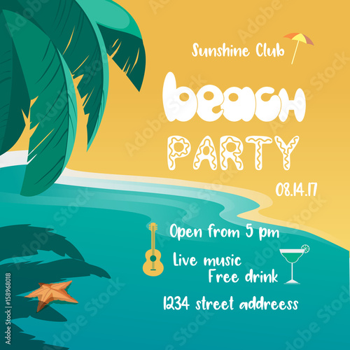 Summer time concept. Hand drawn fancy letters headline. Retro poster style. Design for beach party invitation template. Sea vacation season of fun and rest. Vector summer holiday vintage background
