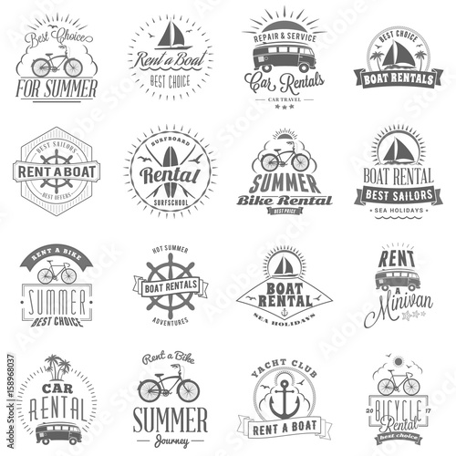 Set of summer rental emblem design. Typographic retro style summer advertising badges for rental agencies banner or poster. Bycicle, car, surfboard, boat rentals. Isolated on white