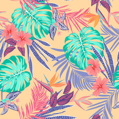 Fototapete Tropische Paradiesblumen-Muster Lebhaftes Tropenmuster mit Monstera Hibiskus  © seninaekaterina