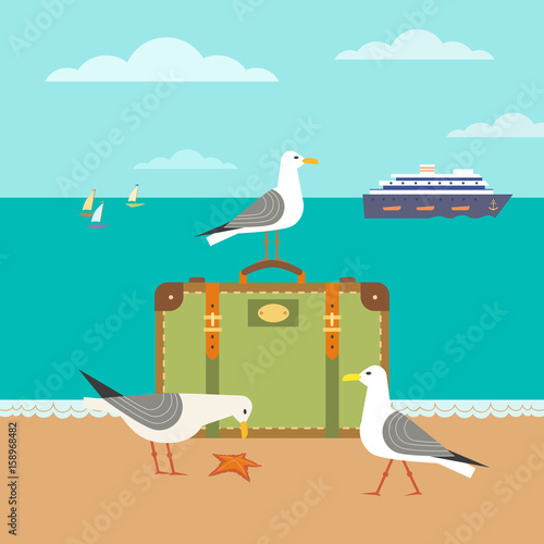 Nautical poster concept. Seagulls on sandy beach. Hand drawn cartoon style. Seaside vacation design element. Retro vintage seashore scene. Marine vessel sailing sign symbol. Coast vector background
