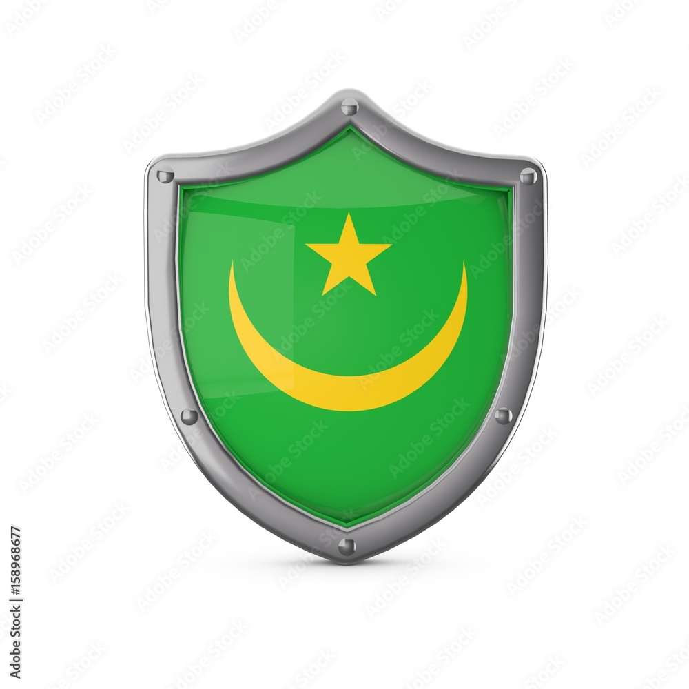 Mauritania security concept. Metal shield shape with national flag Mauritania security concept. Metal shield shape with national flag