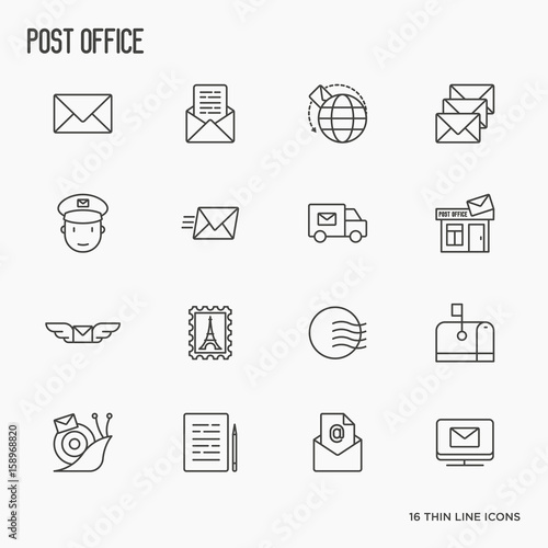 Post office related thin line icons set. Symbols of shipping, delivery, packaging. Vector illustration.