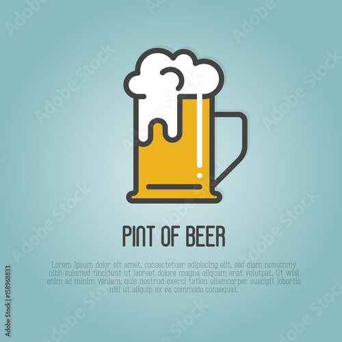 Pint of beer with white foam. Thin line vector illustration for beer brewery, bar, restaurant, October fest.