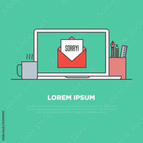 'Sorry' written in envelope on monitor of notebook, pencils and cup of coffee near. Thin line vector concept of apologizing from internet shop.
