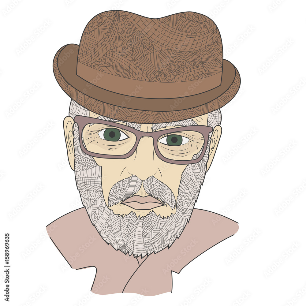Portrait of a grandpa with a mustache Zen Tangle. Age man in a hat and glasses.