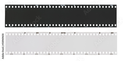 Empty black and 135 type (35mm) white film strip template in negative and positive isolated on white background with work path.