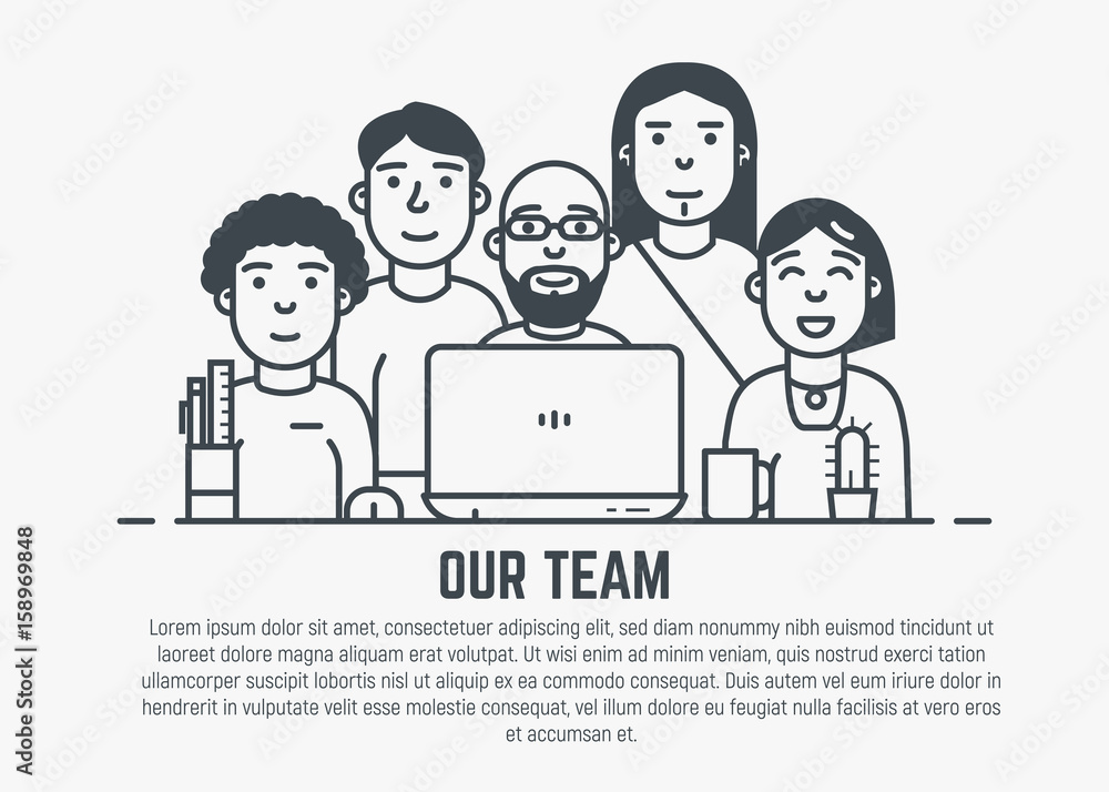 Our team web page template. Five professionals, people with faces, simple line illustration. Workspace table with laptop and design items. Programming or design studio stuff concept. Our team web page template. Five professionals, people with faces, simple line illustration. Workspace table with laptop and design items. Programming or design studio stuff concept.