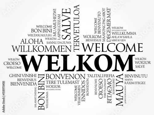 Welkom (Welcome in Afrikaans) word cloud in different languages, conceptual background