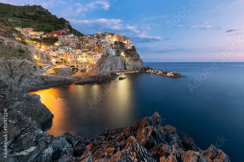 Manarola fishing village, seascape in Five lands, Cinque Terre National Park, Liguria, Italy.