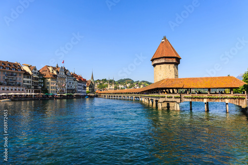 View at the Chapel bridge over Reuss river in Luzern (Lucerne). © amnach