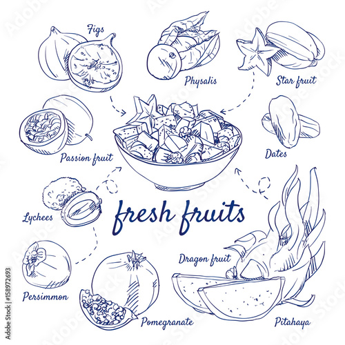 Doodle set of fresh fruits - Figs, Physalis, Starfruit, Passion fruit, Dates, Lychees, Persimmon, Pomegranate, Dragon fruit, bowl, hand-drawn. Vector sketch illustration isolated over white background