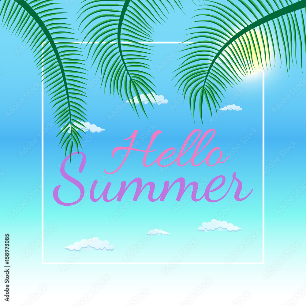 Hello Summer Vector Illustration - Bold Text with Palm Trees on blue Background