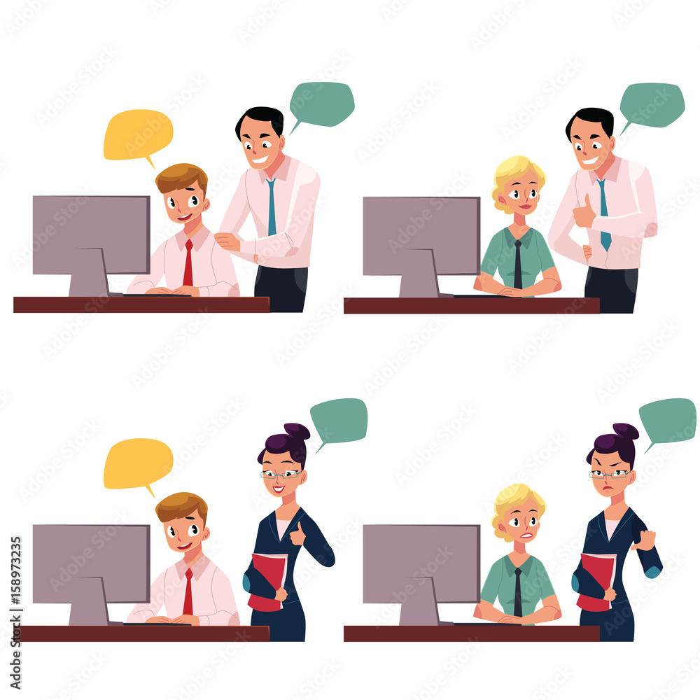 Boss managing employee working on computer, approving, disapproving  gesture, cartoon vector illustration isolated on white background. Boss  supervising employee working in office with speech bubbles Stock Vector |  Adobe Stock