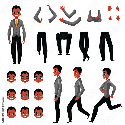 Black, African American man character creation set with different gestures and emotions, cartoon vector illustration on white background. Black man creation set, constructor, changeable face arms legs