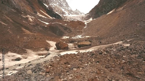 The source of mountain river Adishi near the big glacier Chalaadi in Mestia town, Svaneti region, Georgia
