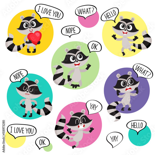 Emoji  emoticon stickers with cute raccoon character and speech bubbles  cartoon vector illustration isolated on white background. Funny little raccoon character saying words  showing emotions