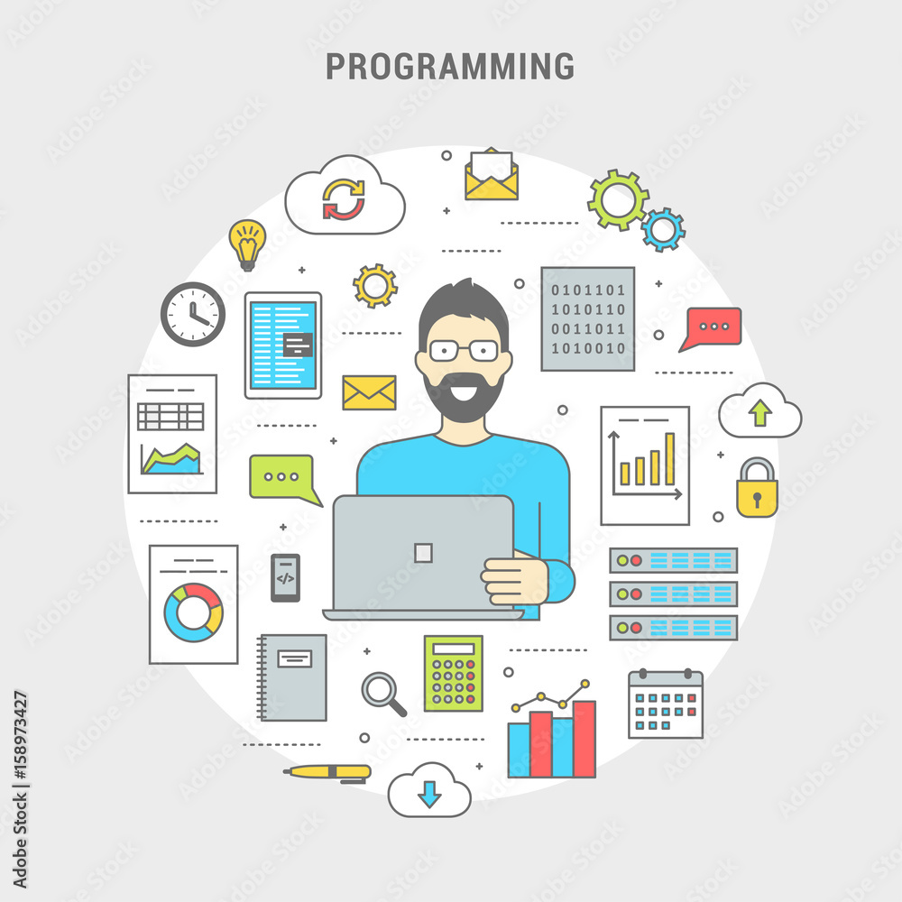 Development and programming concept banner. Digital devices, programmer ...