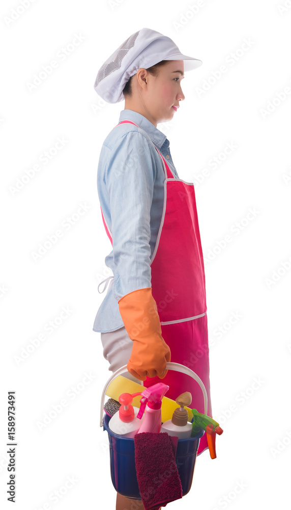 Side view woman holding a bucket full of cleaning supplies isolated on white background Side view woman holding a bucket full of cleaning supplies isolated on white background