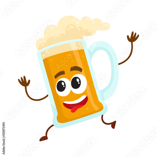 Funny beer glass mug character with smiling human face running, hurrying, cartoon vector illustration isolated on white background. Cute and funny running lager beer mug character, mascot
