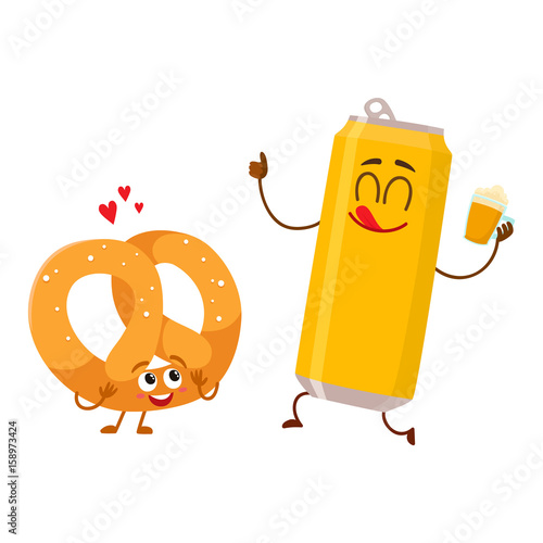 Happy aluminium beer can and salty pretzel characters having fun together, cartoon vector illustration isolated on white background. Funny smiling beer can and pretzel characters, go well together