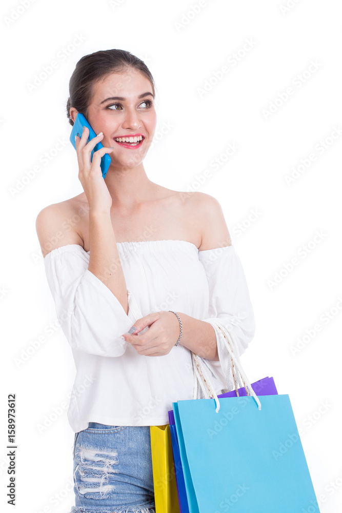 Protrait beautiful women shopping while talking, isolated on white background, shopping protrait concept, 20s year old. Protrait beautiful women shopping while talking, isolated on white background, shopping protrait concept, 20s year old.
