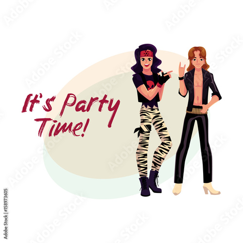 Glam rock party invitation, banner poster template with two young men in leather clothing, cartoon vector illustration. Glam rock party invitation banner, poster layout with rock star boys