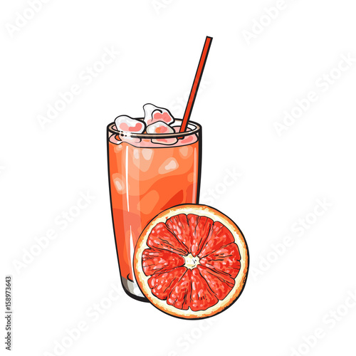 Grapefruit slice and glass of freshly squeezed juice with ice and straw, sketch style vector illustration on white background. Hand drawn glass of grapefruit juice with ice and grapefruit slice