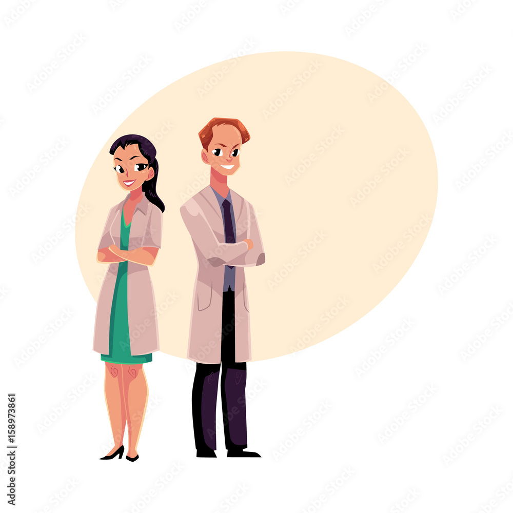 Male and female doctors in white medical coats standing confidently with arms folded, crossed on breast, cartoon vector illustration with space for text. Full length portrait of two doctors Male and female doctors in white medical coats standing confidently with arms folded, crossed on breast, cartoon vector illustration with space for text. Full length portrait of two doctors
