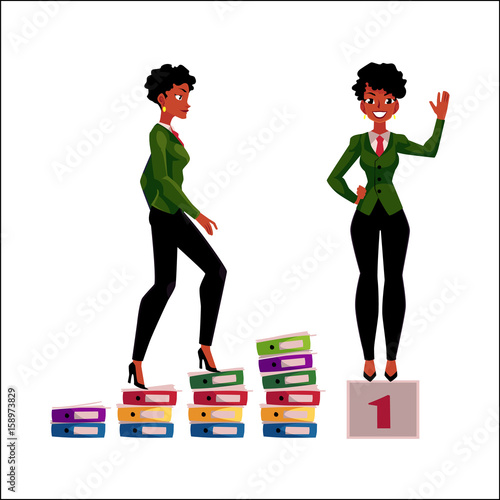 Young black, African American businesswoman climbing career ladder and standing on winner pedestal, cartoon vector illustration isolated on white background. Black business woman achieving success
