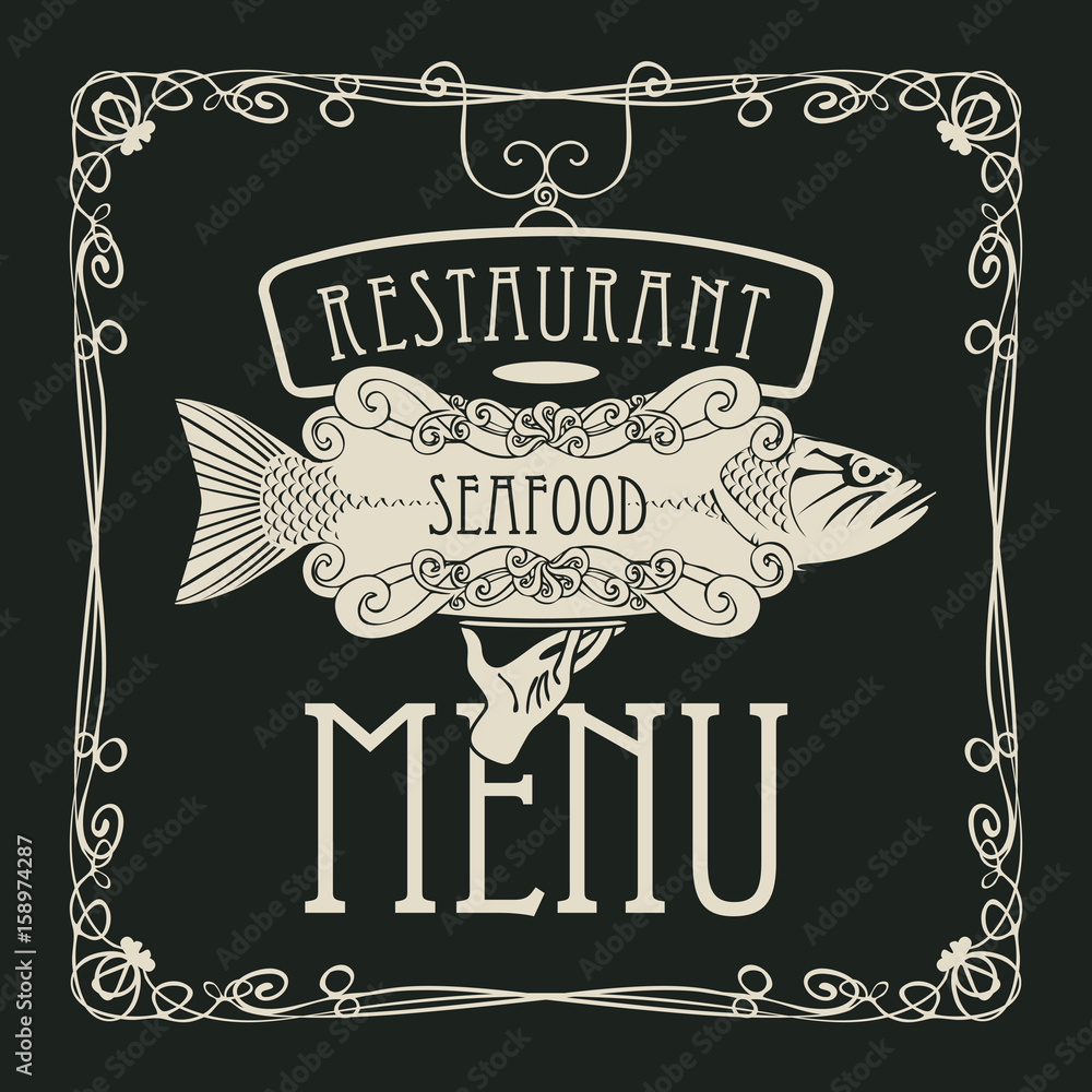 Vector restaurant menu of seafood with a picture of a hand with a tray ...