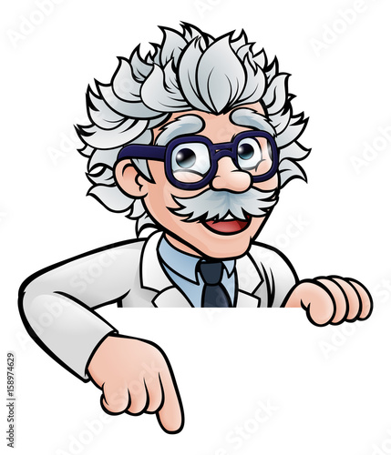 Scientist Cartoon Character Pointing Down