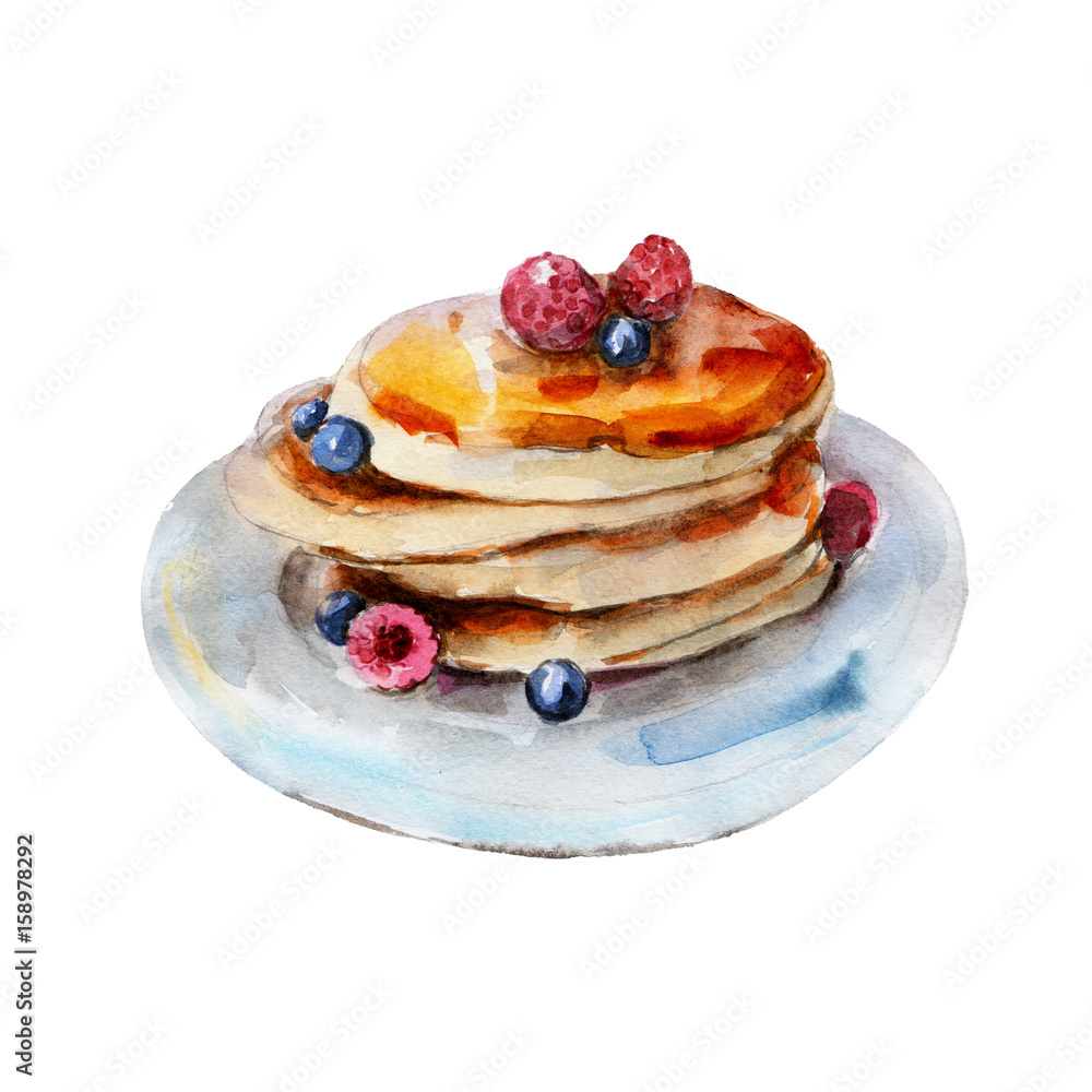 The pancakes with berries isolated on white background, watercolor illustration in hand drawn style.