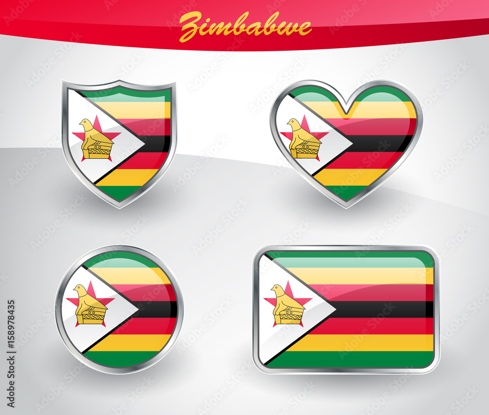 Glossy Zimbabwe flag icon set - obrazy, fototapety, plakaty 