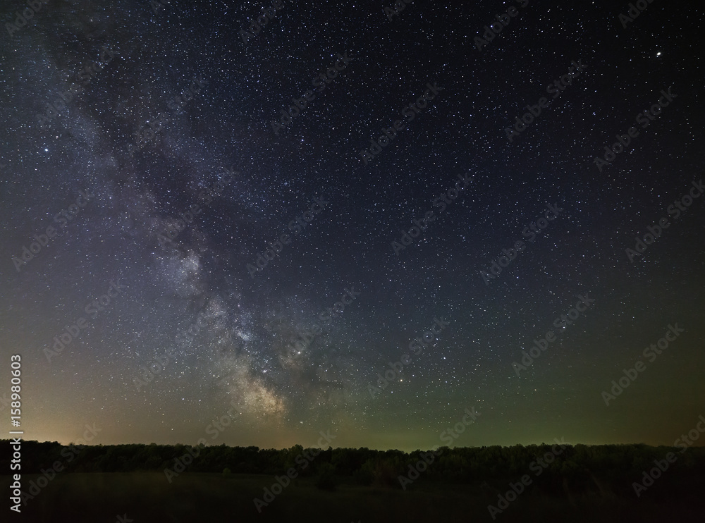 Galaxy Milky Way in the night sky against a background of dense forest. Galaxy Milky Way in the night sky against a background of dense forest.