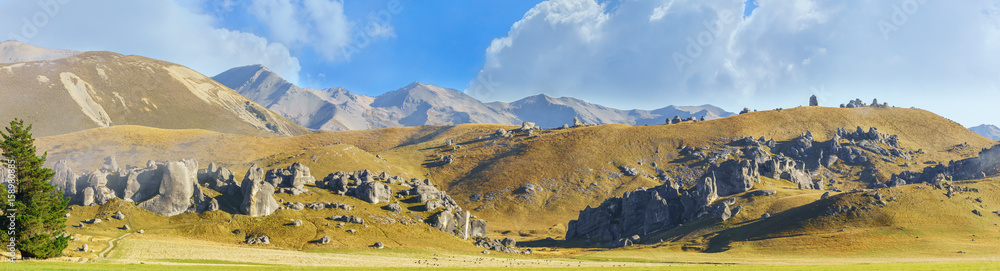 Panoramic image of beautiful Castle Hill in the morning , between Darfield and Arthur's Pass , South Island of New Zealand