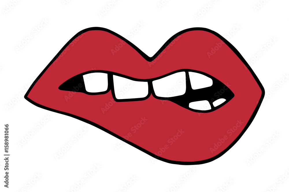 Red lips biting with teeth, mouth vector illustration doodle cartoon  drawing. Stock Vector | Adobe Stock