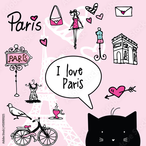 I love Paris. Paris symbols doodle. Illustrations. Background.