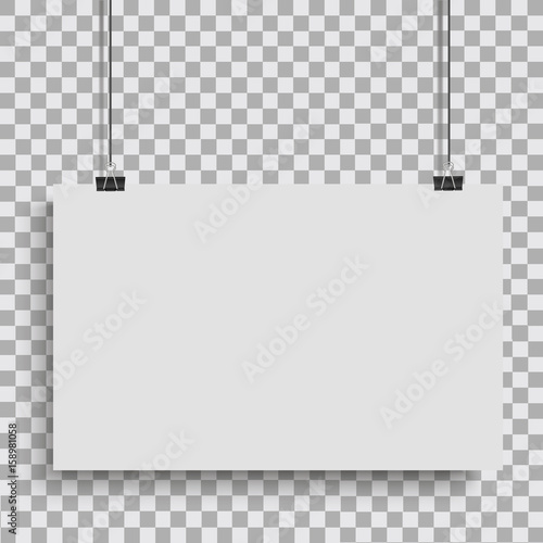 White poster hanging on binder. Transparent background with mock up empty paper blank. Vector  