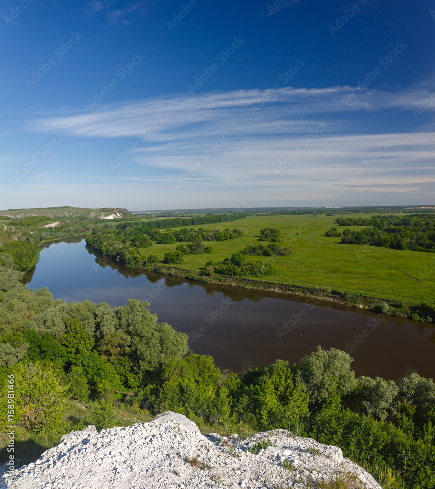 Panoramic view of the river Don from the mountain from the chalk in central Russia.