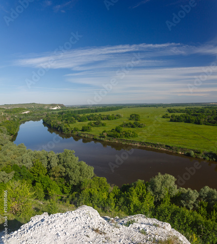 Panoramic view of the river Don from the mountain from the chalk in central Russia.