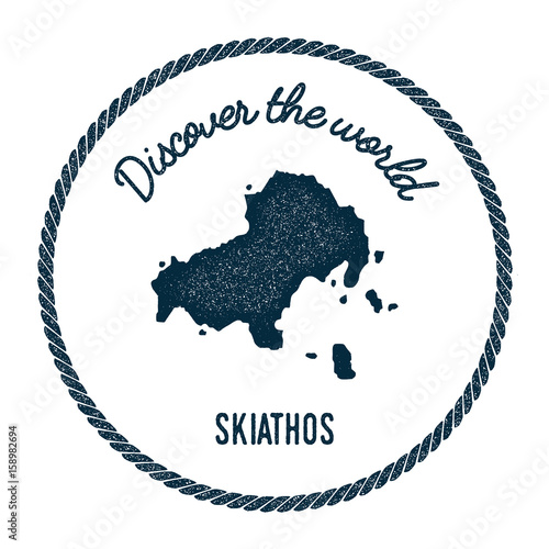 Skiathos map in vintage discover the world insignia. Hipster style nautical postage stamp, with round rope border. Vector illustration.