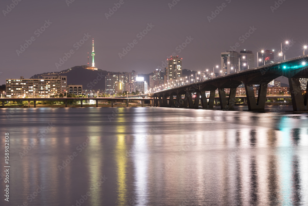 Seoul City at Night and Han River, Yeouido, South Korea