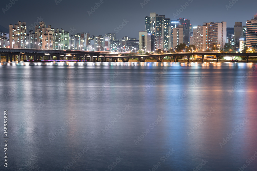 Seoul City at Night and Han River, Yeouido, South Korea Seoul City at Night and Han River, Yeouido, South Korea